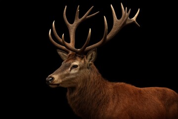 In the quietude of the night, a majestic red deer stands tall with its impressive antlers reaching towards the dark sky