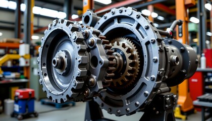 Fototapeta premium an industrial setting, possibly a factory or workshop, with a large engine mounted on what appears to be a stand or display pedestal