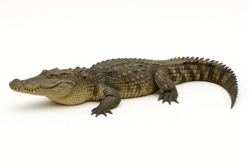 Naklejka premium A serene alligator rests on a pristine white surface, its scales shimmering in the light