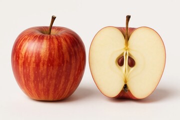 Two apples, one whole and one cut open, sitting on a white background