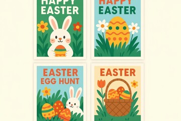 4 Easter-themed illustrations featuring rabbits, eggs, flowers, and baskets in a vibrant green setting