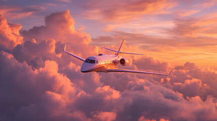 Private Jet Flying Above Clouds at Sunset with Iridescent Reflection