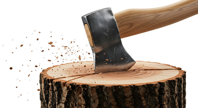 Woodcutter’s Axe in Action – Tree Cutting Tool Isolated