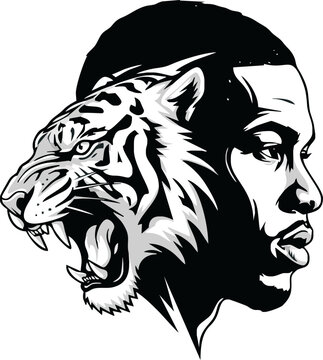 Graphic illustration featuring a side profile of a man's face merged with a roaring tiger head, rendered in black and white.