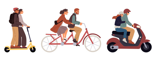 Man and woman riding same bicycle or bike. Electric scooter on road. City transportation. Guy driving moped. Young couple on cycle or motorbike. People on transport. Vector vehicles set © VectorBum