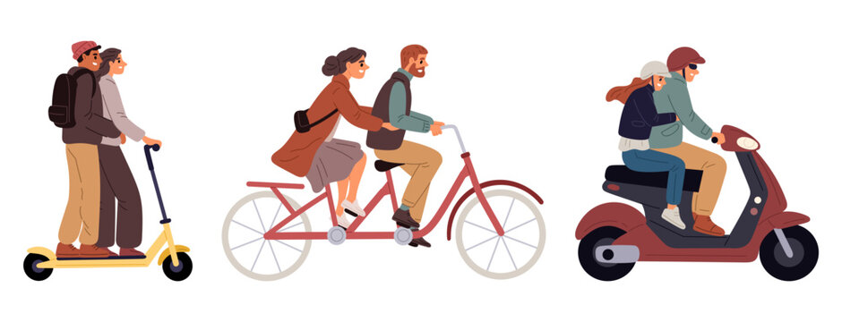 Man and woman riding same bicycle or bike. Electric scooter on road. City transportation. Guy driving moped. Young couple on cycle or motorbike. People on transport. Vector vehicles set