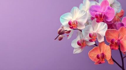 Fototapeta premium Beautiful white and pink orchid flowers on a purple background