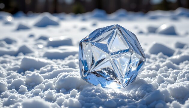 this is an artistic photograph featuring a large, clear crystal with multiple facets reflecting light, resting on a surface covered in a bla