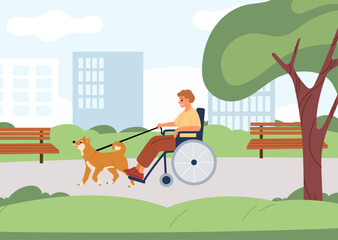 Fototapeta premium Guy in wheelchair walks dog in city park. Disabled persons outdoor stroll. Pet leading handicapped man. Trained animal help boy with disability. Handicap accessibility. Vector concept