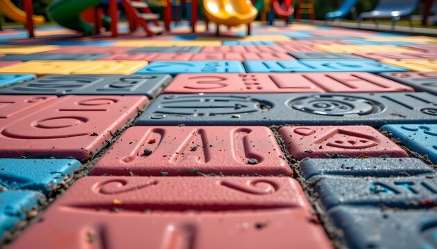 a vibrant children's playground with various elements designed for play and learning