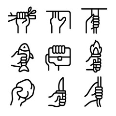 Survival Icon Set. Outline icon set of survival grabs: hold tree branch, grab ledge, grip rope, catch fish, clutch supplies, hold