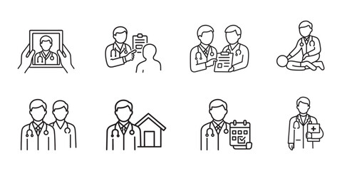 Medical doctor healthcare team hospital physician nurse clinic professional thin line icons vector set illustration
