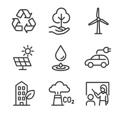 Sustainable Climate Icon Set. Outline icon set of sustainable climate actions: recycling, tree planting, wind energy, solar power,