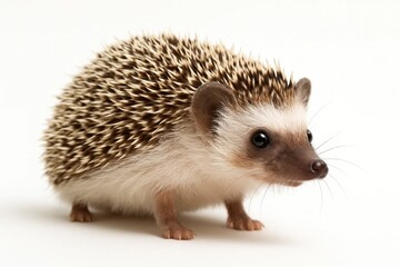 Obraz premium A young hedgehog stands alert on a pristine white background, its sharp spines gleaming under the light