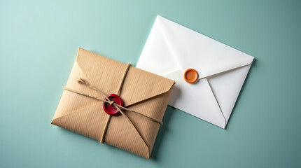 Two Envelopes Tied with Twine and Wax Seals on a Teal Background mail letter