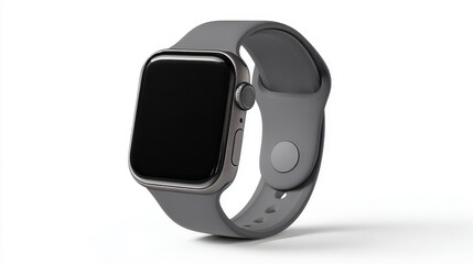 Modern smartwatch with black screen and gray band isolated on white background