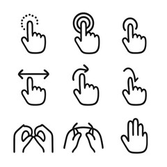 Obraz premium Swipe Gesture Icons. Outline icon set of swipe tutorial elements: hand with finger, dotted trail, tap icon, hold icon, drag icon,