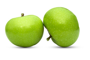 Two green Granny Smith apples on a transparent background.