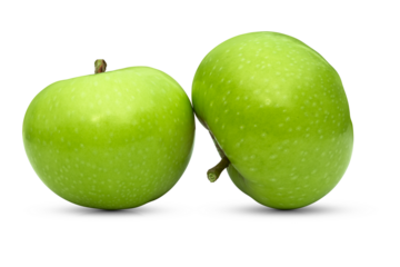 Two green Granny Smith apples on a transparent background.