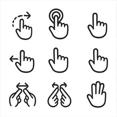 Swipe Gesture Icons. Outline icon set of swipe tutorial elements: hand with finger, dotted trail, tap icon, hold icon, drag icon,