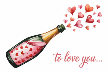 Romantic watercolor champagne bottle bursting with red hearts and sparkling bubbles, perfect for Valentine's Day love celebration artwork.