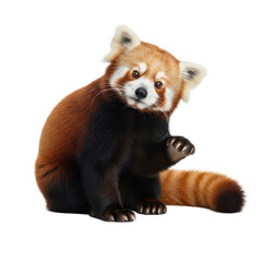 An adorable red panda with a tilted head and raised paw, sitting isolated on a white background