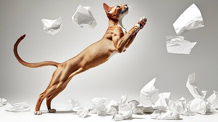 Playful feline centered on pure white backdrop, 150mm telephoto lens, mid-action with focused eyes and raised paw ready to play