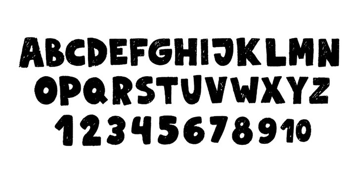 Naklejki Crayon kids font, doodle funny playful alphabet. Hand drawn scribble kid typescript numbers. School wax crayon abc cute kindergarten handwriting playful letters, digits. Color pencil children font.