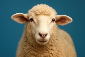 Fototapeta premium A serene gaze of a pure white sheep against a calming blue backdrop
