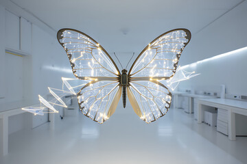 Ai generated image of a futuristic butterfly with circuit patterns on its wings hovers in a bright, modern laboratory, symbolizing technological advancement and the beauty of innovation