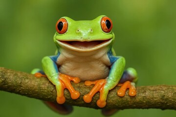 Naklejka premium A vibrant green frog with striking orange eyes perches confidently on a branch, embodying the essence of nature's playful spirit