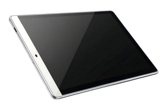 Sleek white tablet with dark glass screen showing gradient reflection and minimal design, isolated on a transparent background