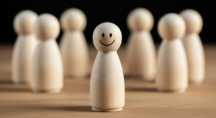 Smiling wooden figure standing out from the crowd of other wooden figures