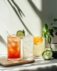 Fototapeta premium Three iced drinks, bright colors, light & shadow, summery
