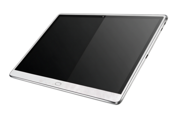 White tablet computer with black screen angled perspective view showing speaker grille bottom, isolated on a transparent background