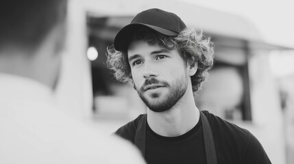 Young man with curly hair wearing a cap and apron is engaged in conversation with a customer at a food truck, showcasing a friendly service atmosphere and culinary passion