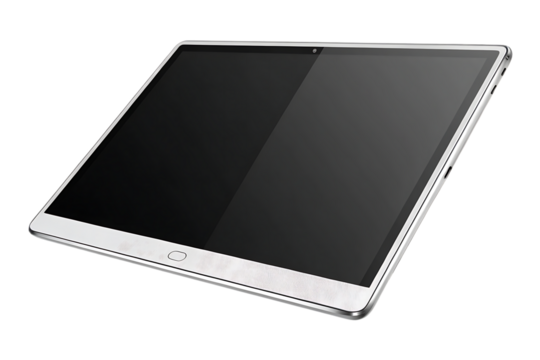 White tablet computer with black screen angled perspective view showing speaker grille bottom, isolated on a transparent background