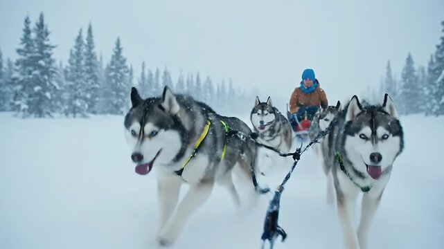 Dog Sledding Adventure in Winter Wonderland Majestic Siberian Huskies Galloping Through Fresh Snow on a Thrilling Expedition with a Person on the Sled