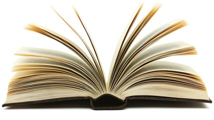 Natural light shot using 50mm lens, open book with gently curved pages on white seamless background, slight page texture visible with soft shadows