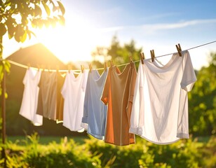Clothes drying on a clothesline in a sunny garden