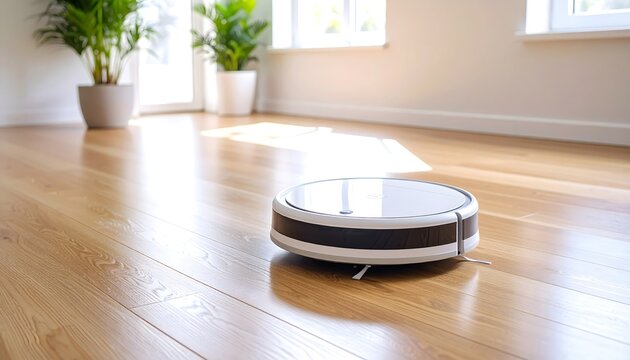 Smart robotic vacuum autonomously cleaning a hardwood floor. Modern home automation.