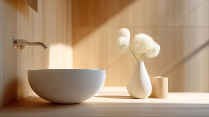 Modern minimalist bathroom with white sink and dandelion decor