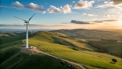 Majestic wind turbine on a lush green hilltop at sunset