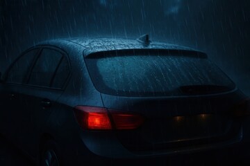 Obraz premium Under the relentless rain, a solitary car stands as a testament to resilience
