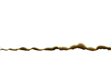 Close-up of a burnt paper edge. Scorched grunge texture element isolated on white background with clipping path.