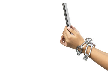 Phone addiction concept. Technology dependency problem with hand chained to a smartphone, isolated on white background with clipping path.