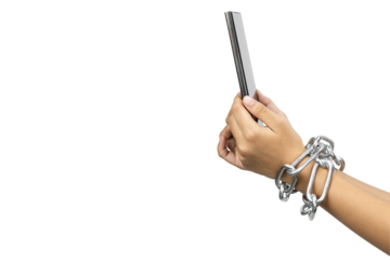 Phone addiction concept. Technology dependency problem with hand chained to a smartphone, isolated on white background with clipping path.