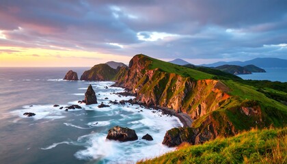 Obraz premium Dramatic coastal landscape with rocky cliffs and crashing waves at sunrise evoking serenity and