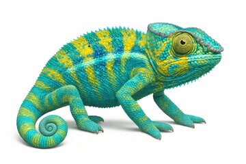 Obraz premium A vibrant blue chameleon stands poised on a pristine white background, its eyes reflecting curiosity and alertness