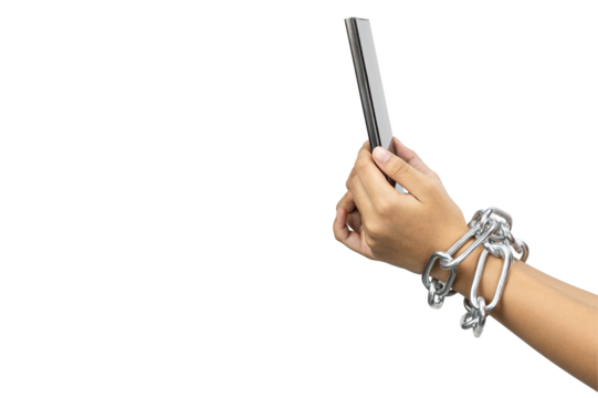 Phone addiction concept. Technology dependency problem with hand chained to a smartphone, isolated on white background with clipping path.